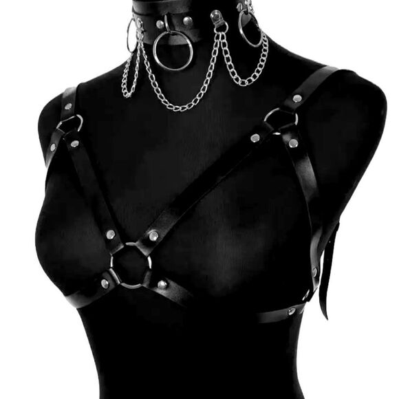 Black Cut Out Bra Cage Chest Harness Silver Hardware Body Harness NEW - Picture 2 of 4